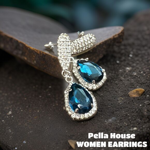 Silver Tone Gatsby Flapper Peacock Zircon Rhinestone Pear Earrings AQUA BLUE - Picture 1 of 3